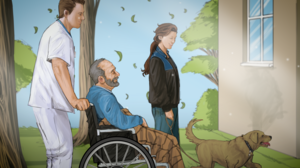 Pfleger schiebt Mann in Rollstuhl, Angehörige geht daneben - Bild ist gezeichnet