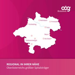 Landkarte mit Standorten mit dem Text "Regional in der Nähe. Oberösterreichs größter Spitalsträger"