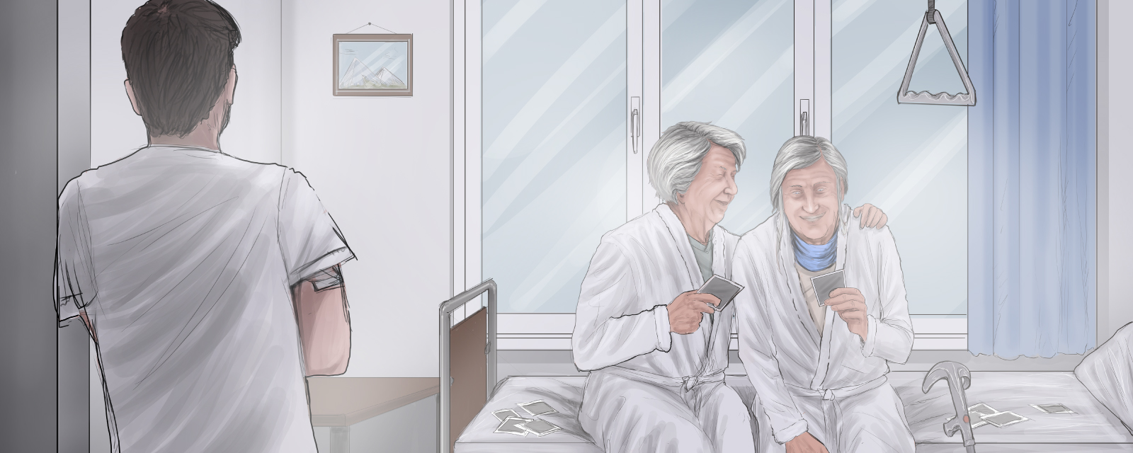Pfleger beobachtet 2 Patientinnen, die miteinander reden
